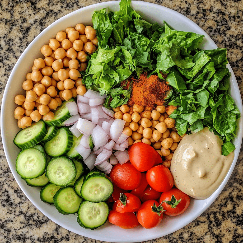 Ingredients for falafel salad bowls including cucumbers, tomatoes, chickpeas, and tahini sauce