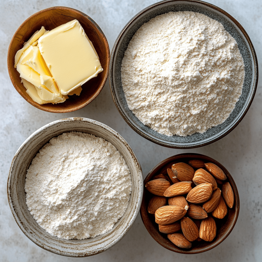 Overhead view of ingredients for making ghraybeh butter cookies