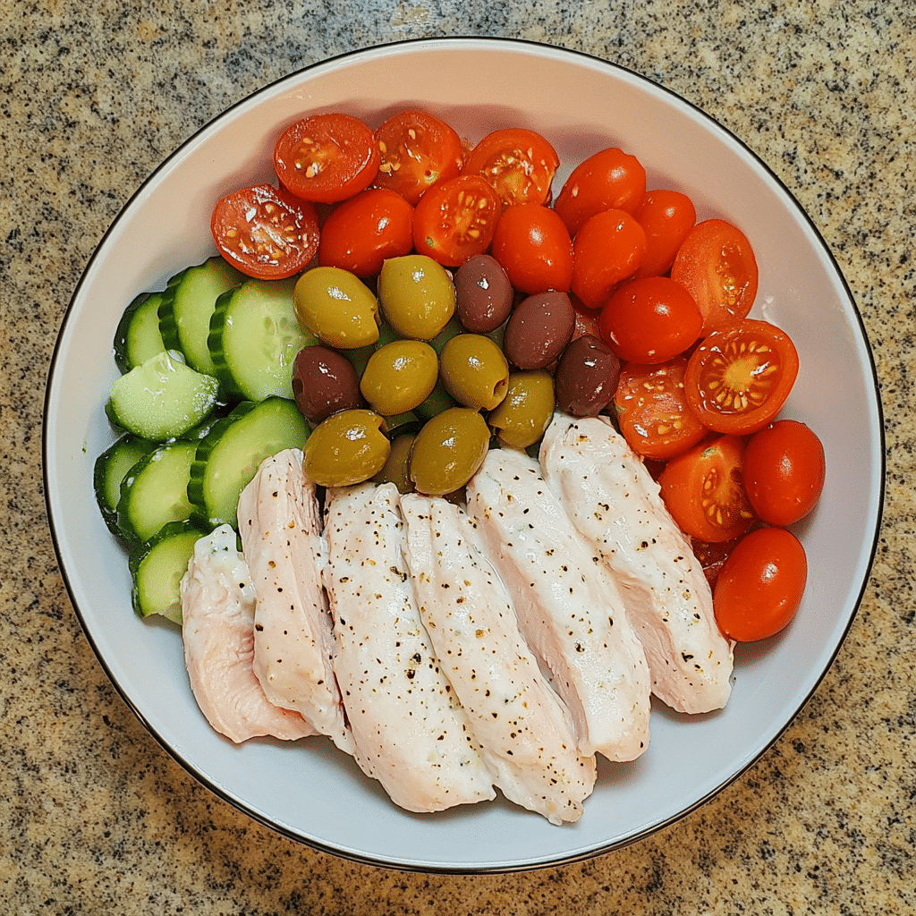 Ingredients for Greek chicken bowls including chicken, veggies, and tzatziki