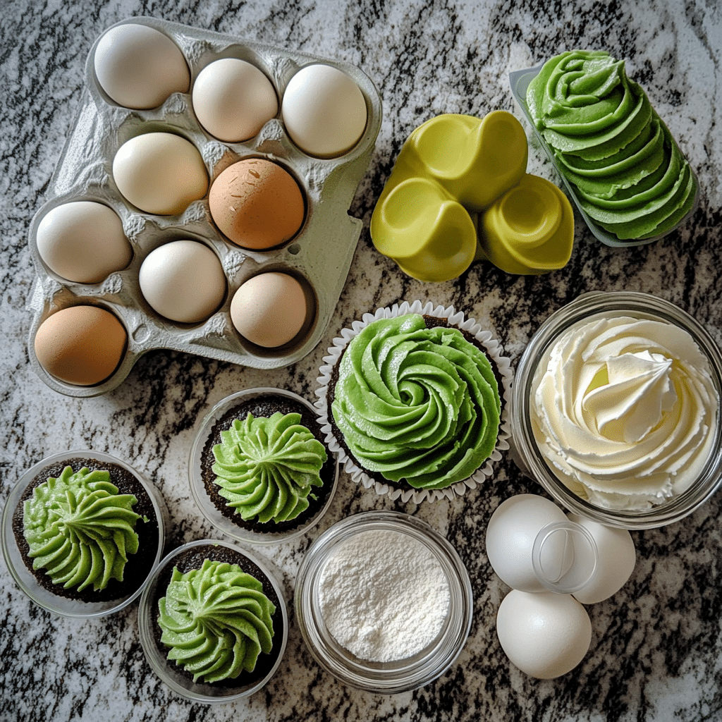 Ingredients for green velvet cupcakes including flour, sugar, eggs, and cream cheese