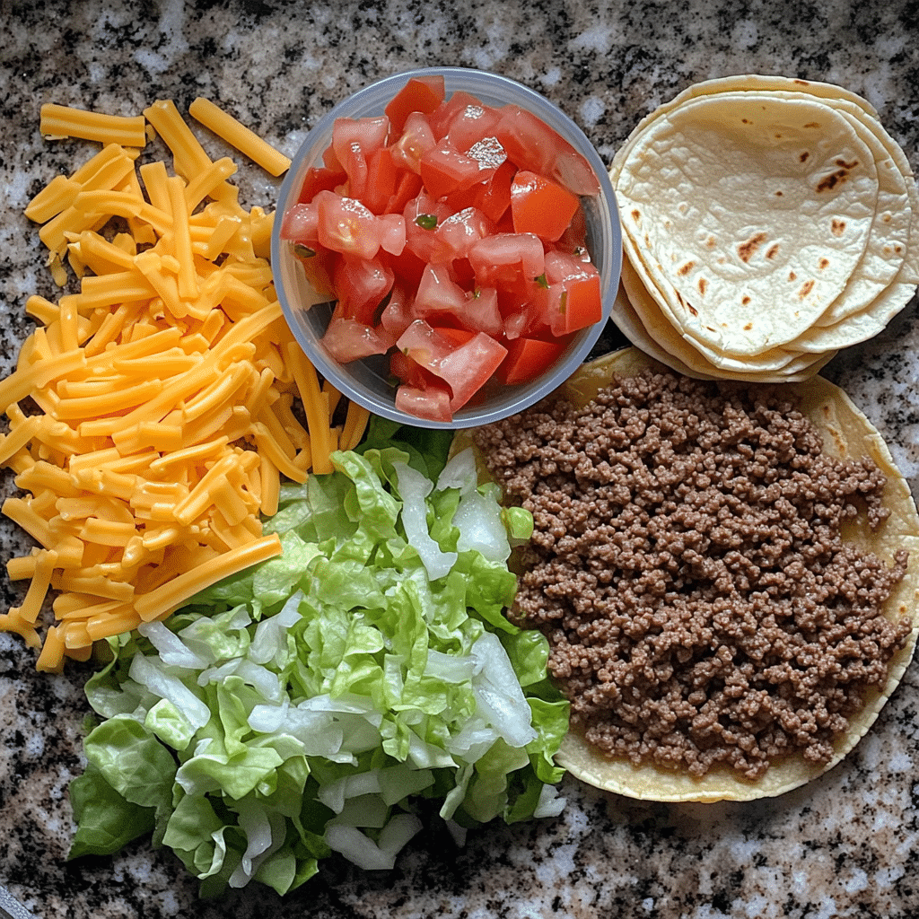 Ingredients for ground beef tacos including ground beef, taco shells, cheese, and toppings