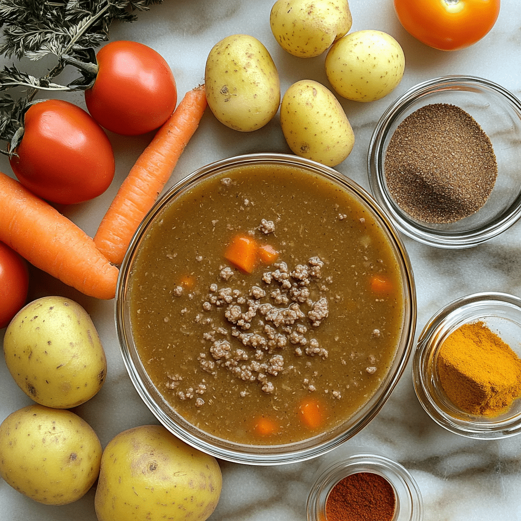 Ingredients for hamburger soup including ground beef, carrots, and broth