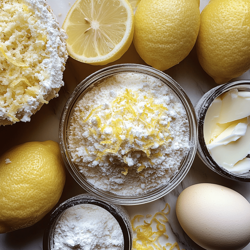 Ingredients for iced lemon loaf including flour, sugar, butter, eggs, and lemon zest
