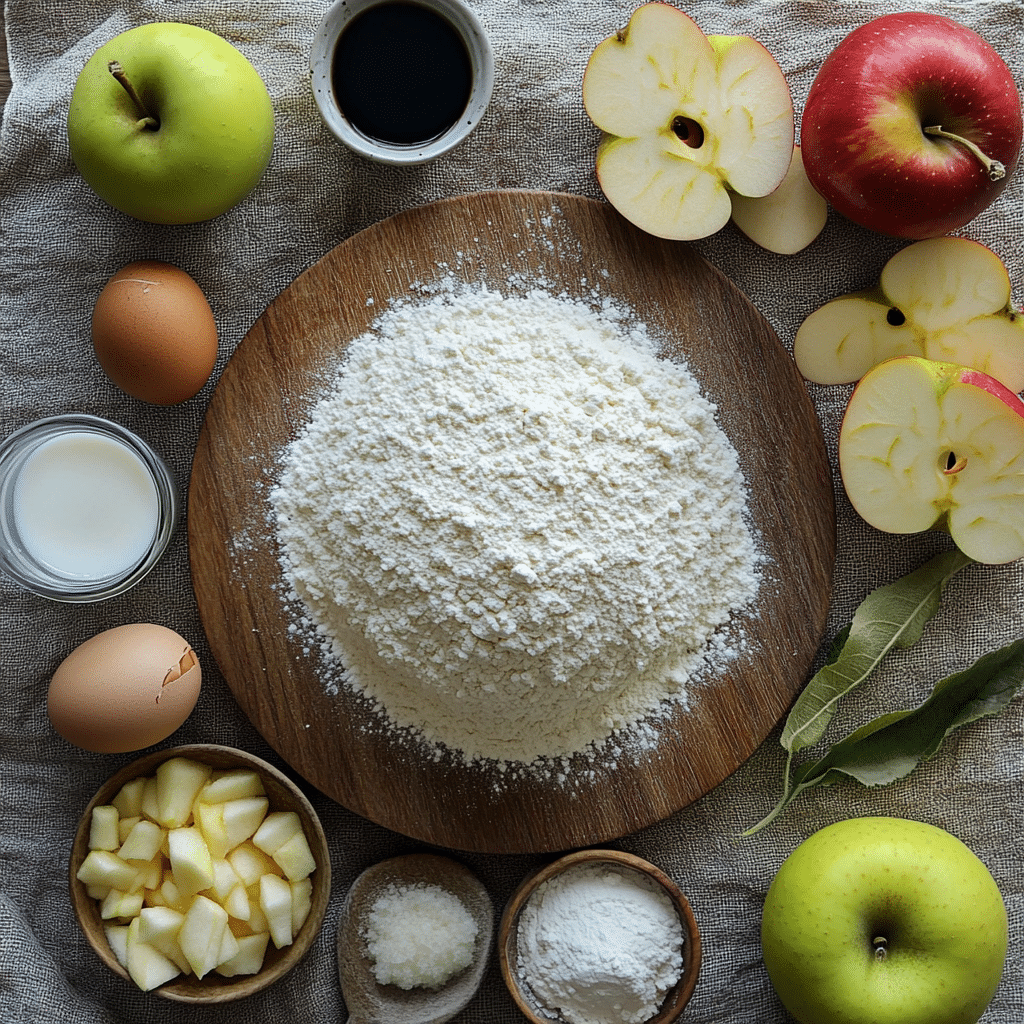 Ingredients for Irish apple cake including apples, sugar, and flour