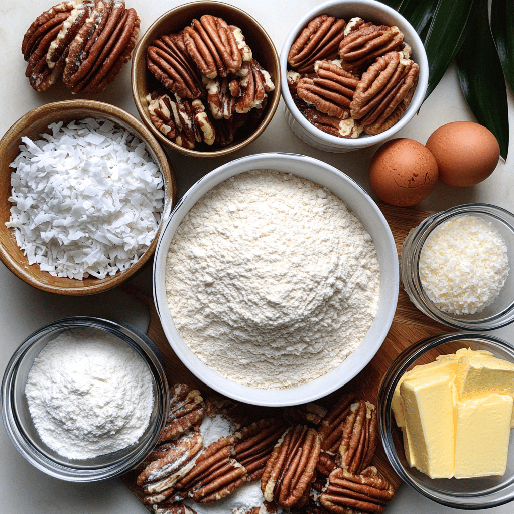 Overhead view of ingredients for making Italian cream cake