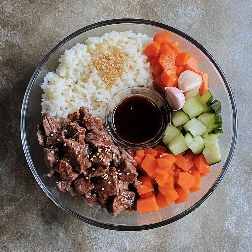 Ingredients for Korean beef bowls including beef, rice, soy sauce, and garlic