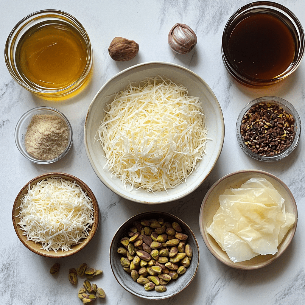 Overhead view of ingredients for making kunafa cheese pastry