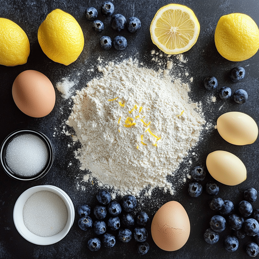 Ingredients for lemon blueberry bread including blueberries, flour, and lemon zest