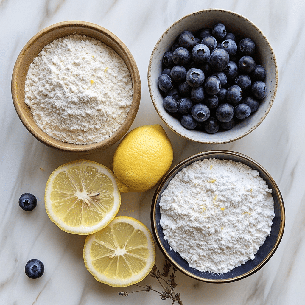 Overhead view of ingredients for making lemon blueberry scones