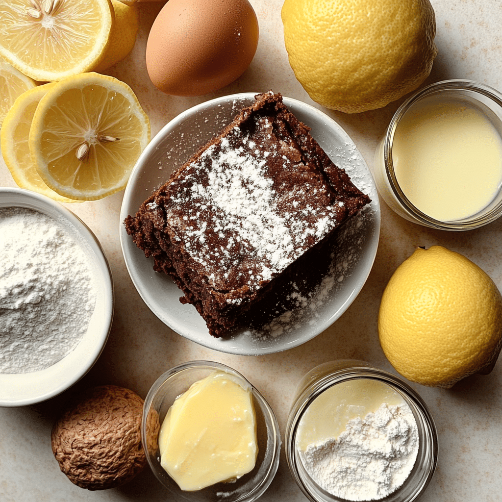 Overhead view of lemons, flour, sugar, butter, eggs, and powdered sugar for lemon brownies