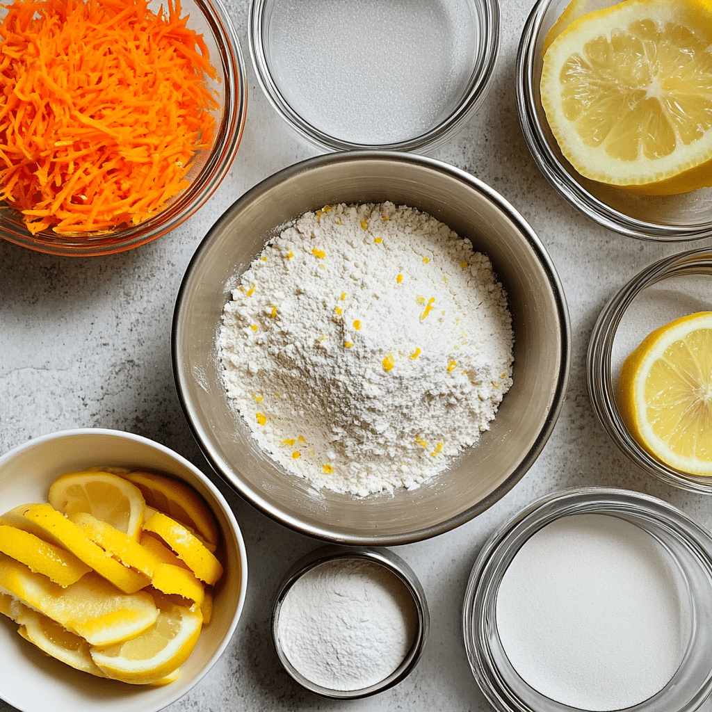 Overhead view of ingredients for making lemon carrot cake