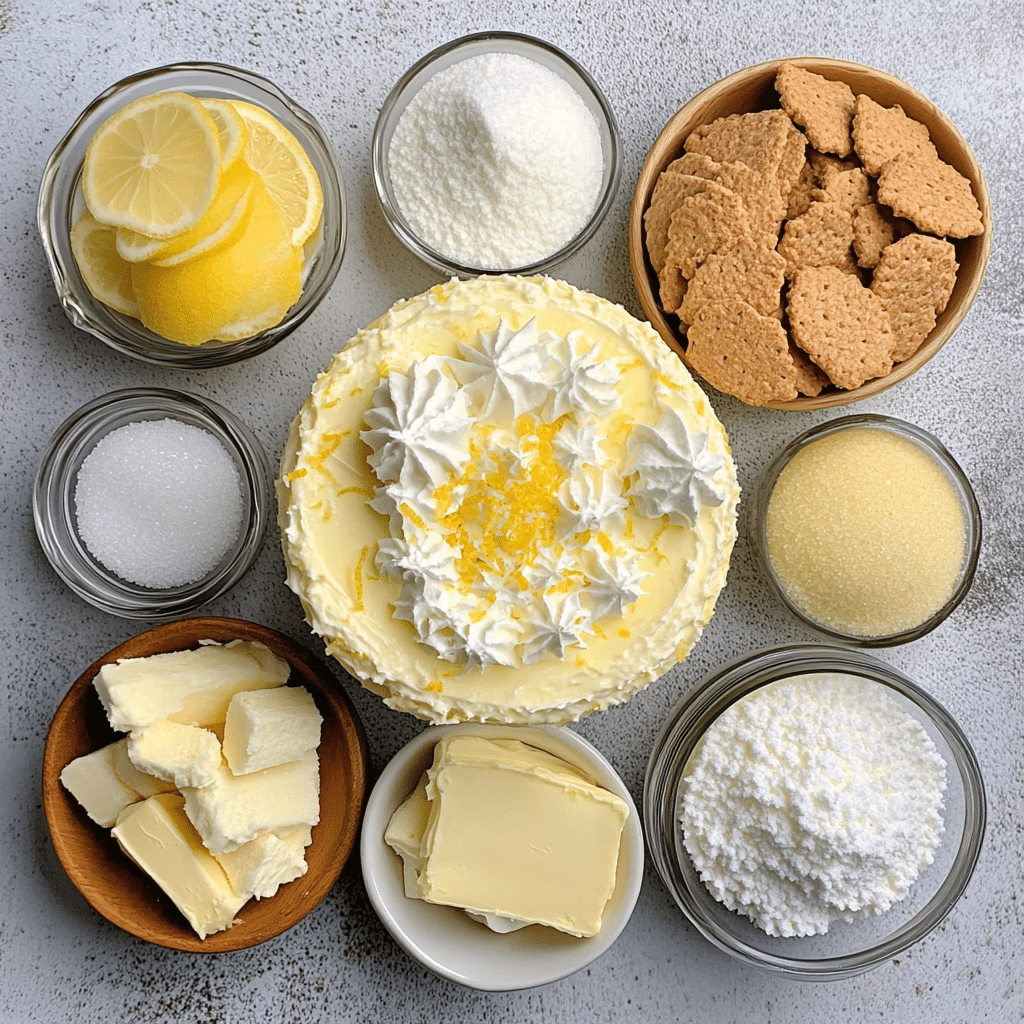 Ingredients for lemon cheesecake including cream cheese, lemon zest, and graham crackers