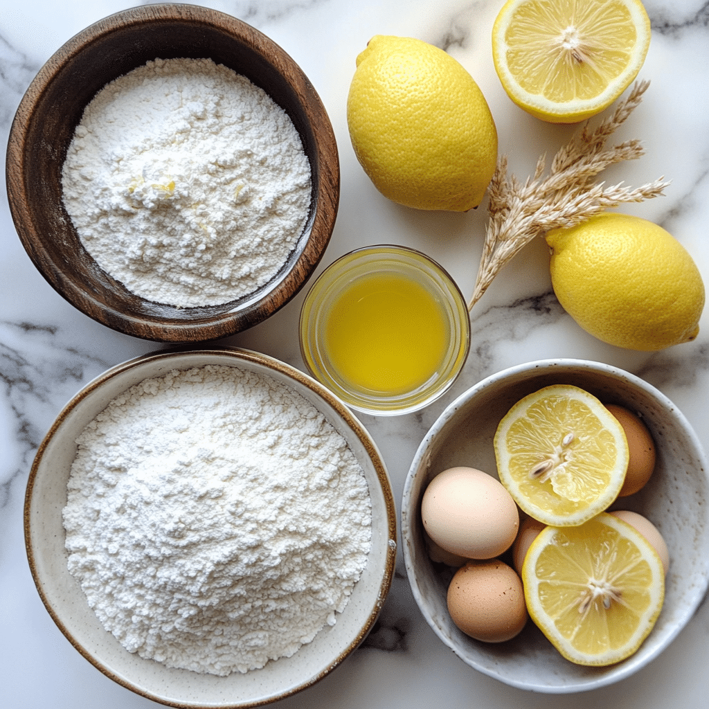 Overhead view of lemon chiffon cake ingredients