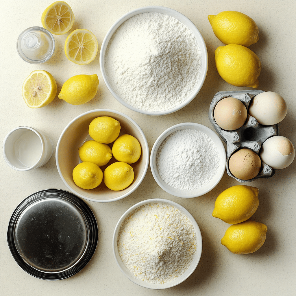 Overhead view of cake flour, eggs, lemons, sugar, and a tube pan for lemon chiffon cake