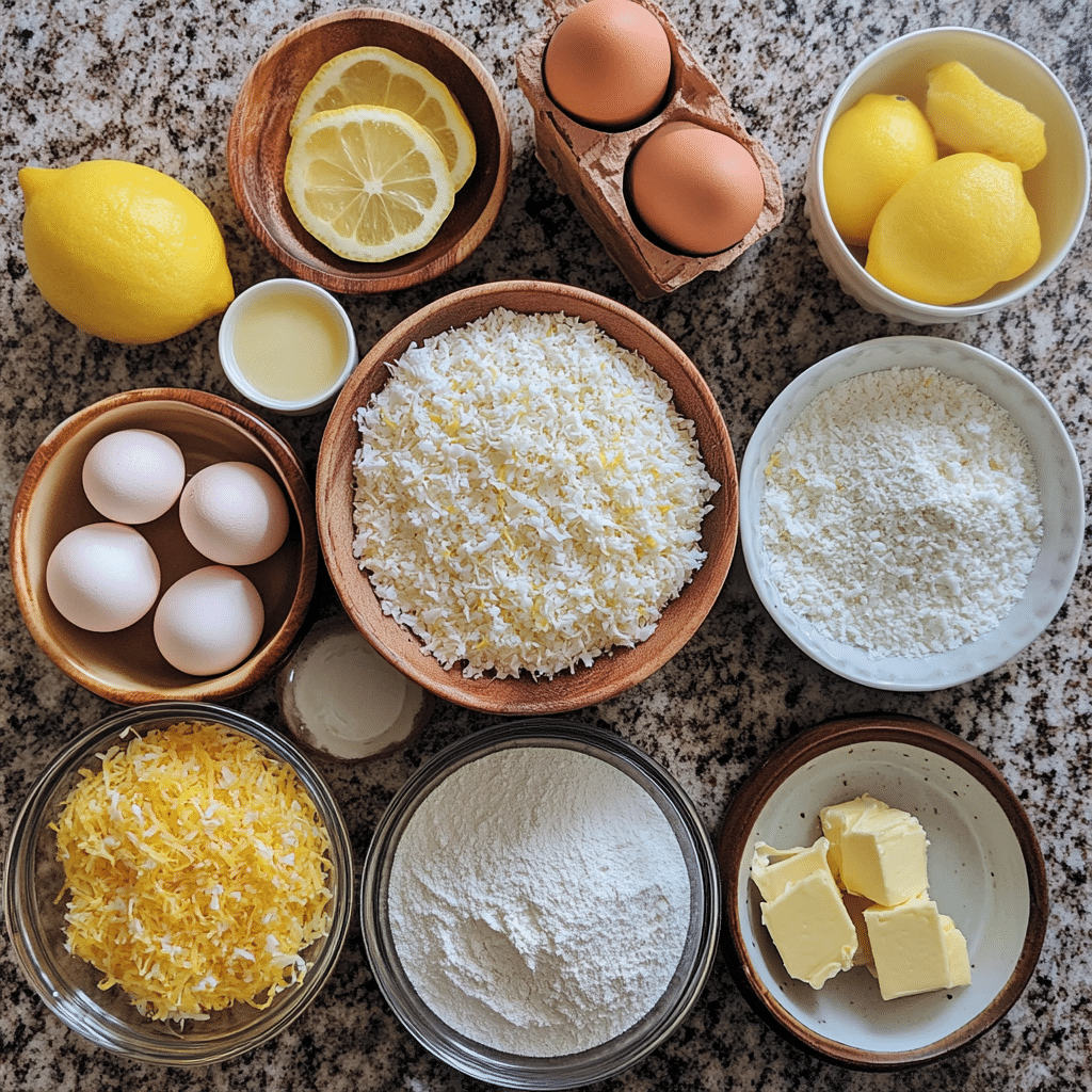 Overhead view of flour, sugar, shredded coconut, butter, eggs, buttermilk, and lemons for lemon coconut cake