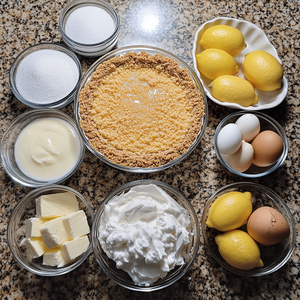Overhead view of ingredients for making lemon cream pie