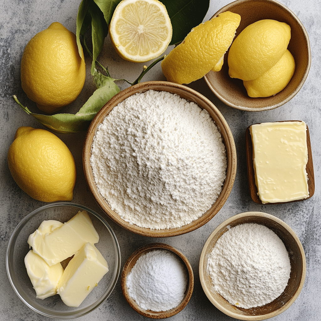 Overhead view of flour, sugar, butter, eggs, lemons, and baking ingredients for lemon cookies
