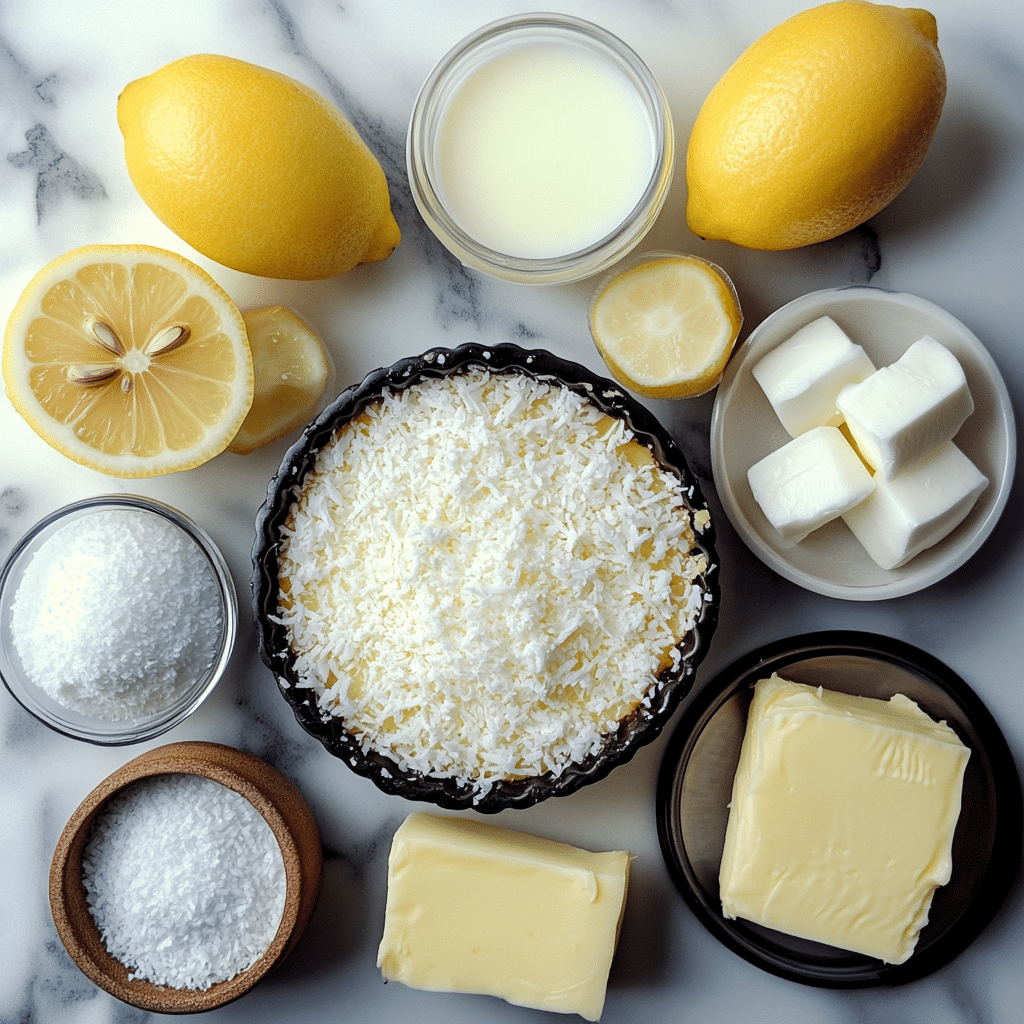 Overhead view of ingredients for lemon impossible pie including coconut, lemon, and eggs