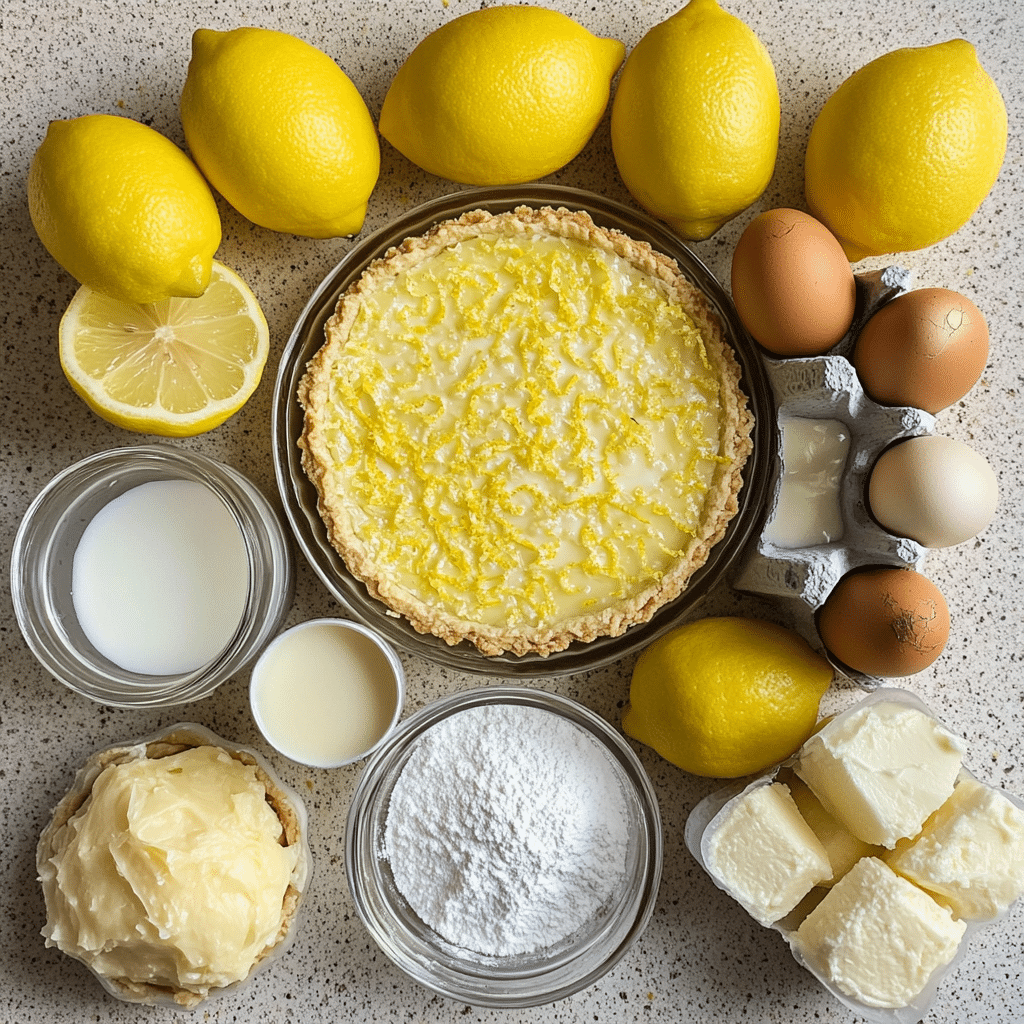 Overhead view of lemons, eggs, milk, sugar, flour, and butter for lemon impossible pie