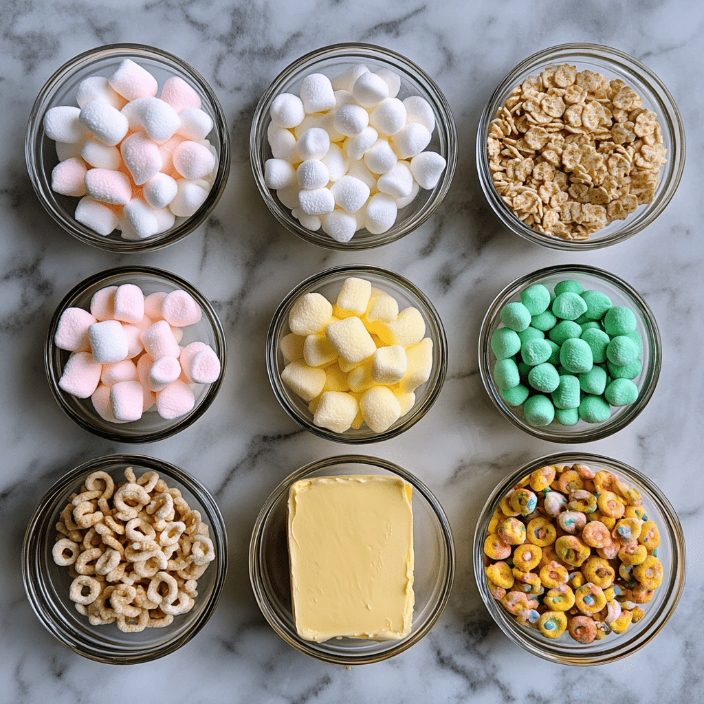 Ingredients for Lucky Charms marshmallow treats including Lucky Charms cereal, marshmallows, and butter