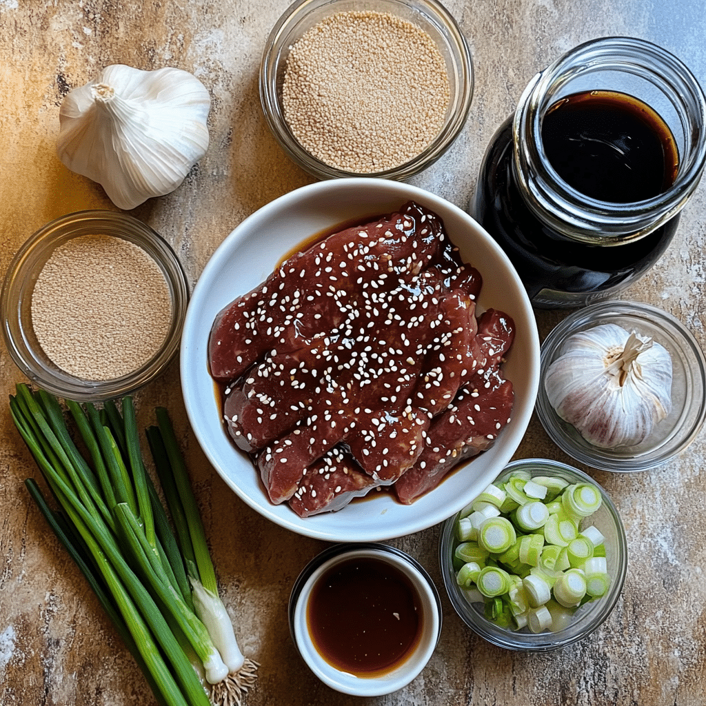 Ingredients for Mongolian beef including flank steak, soy sauce, brown sugar, and sesame seeds