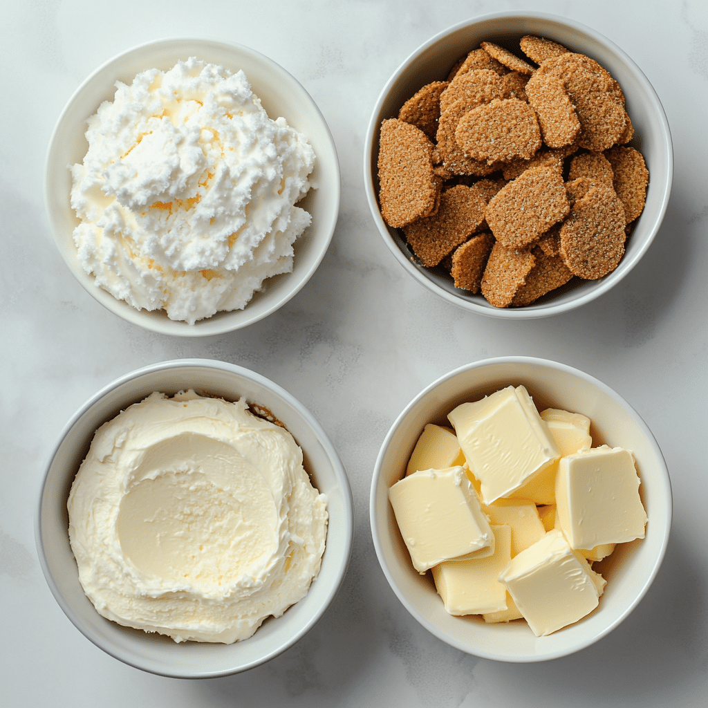 Overhead view of ingredients for making no-bake cheesecake