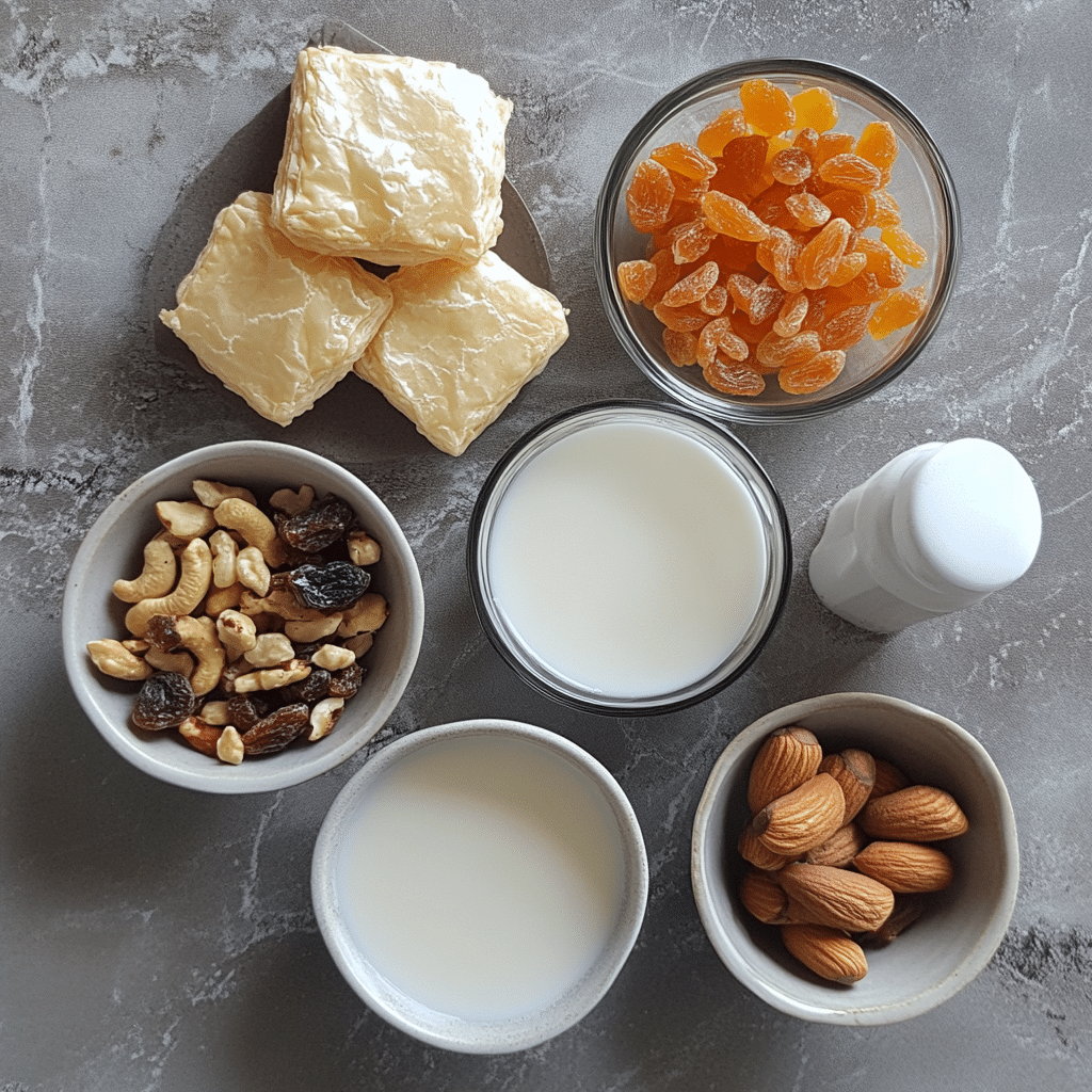 Overhead view of ingredients for making Om Ali bread pudding