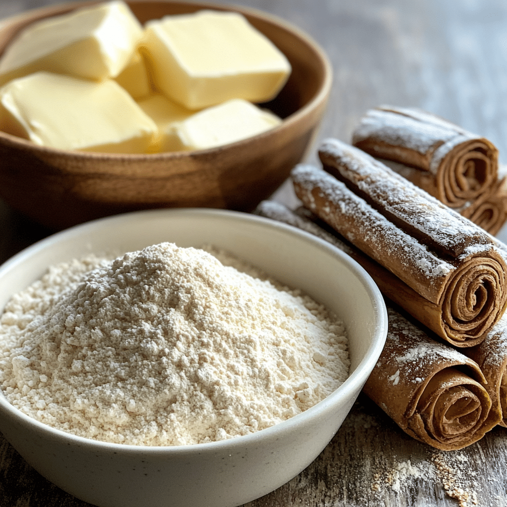 Overhead view of ingredients for making overnight cinnamon rolls