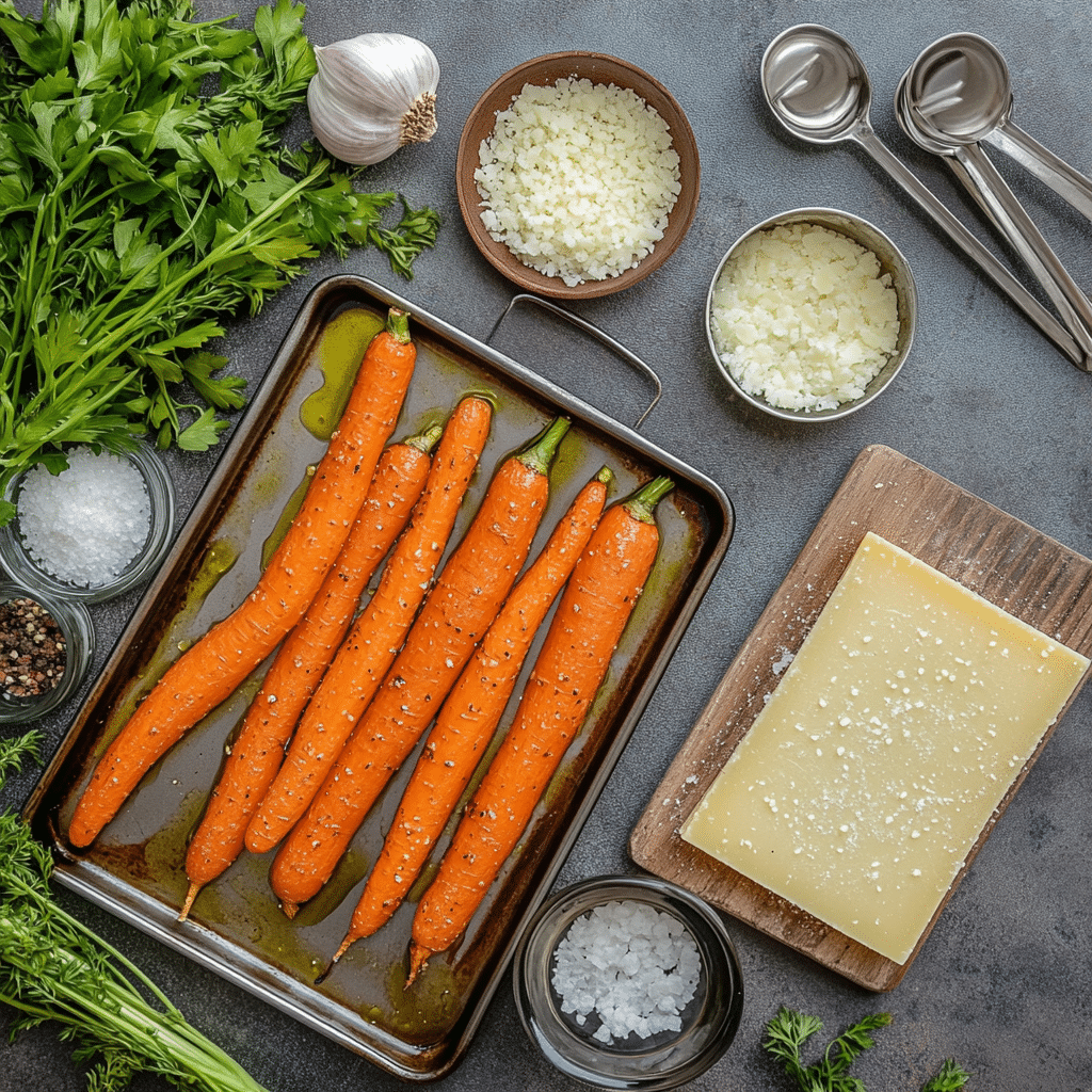 Ingredients for parmesan roasted carrots including fresh carrots, parmesan, olive oil, and herbs