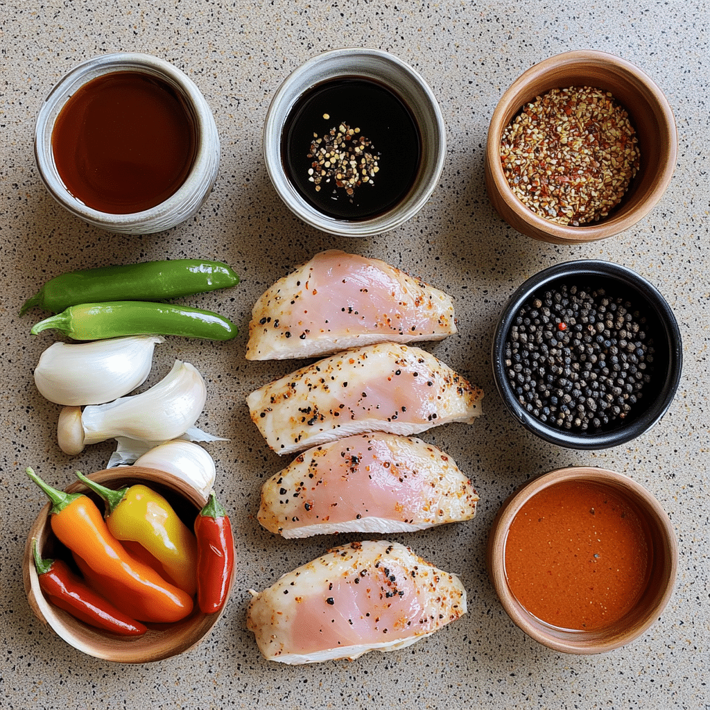 Ingredients for pepper chicken including chicken, garlic, black pepper, and chili flakes