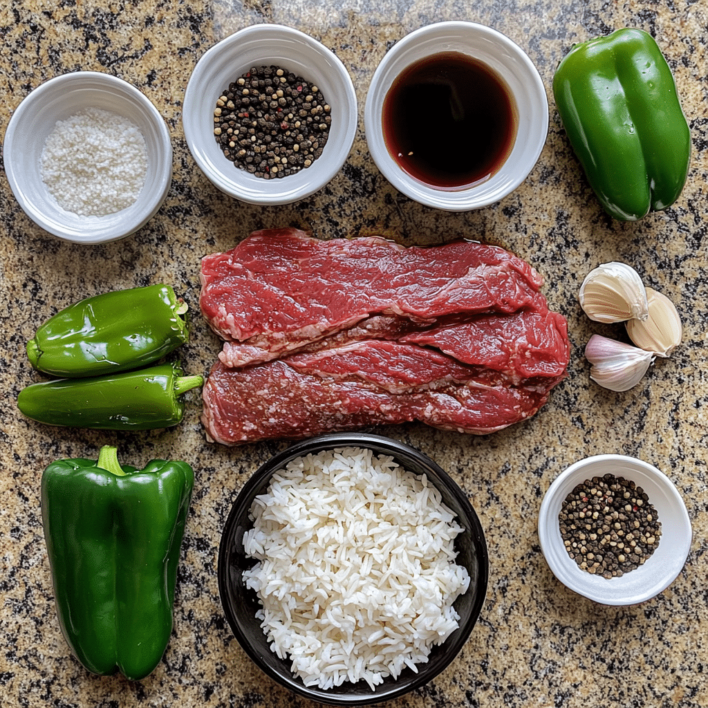 Ingredients for pepper steak including flank steak, green peppers, soy sauce, and garlic