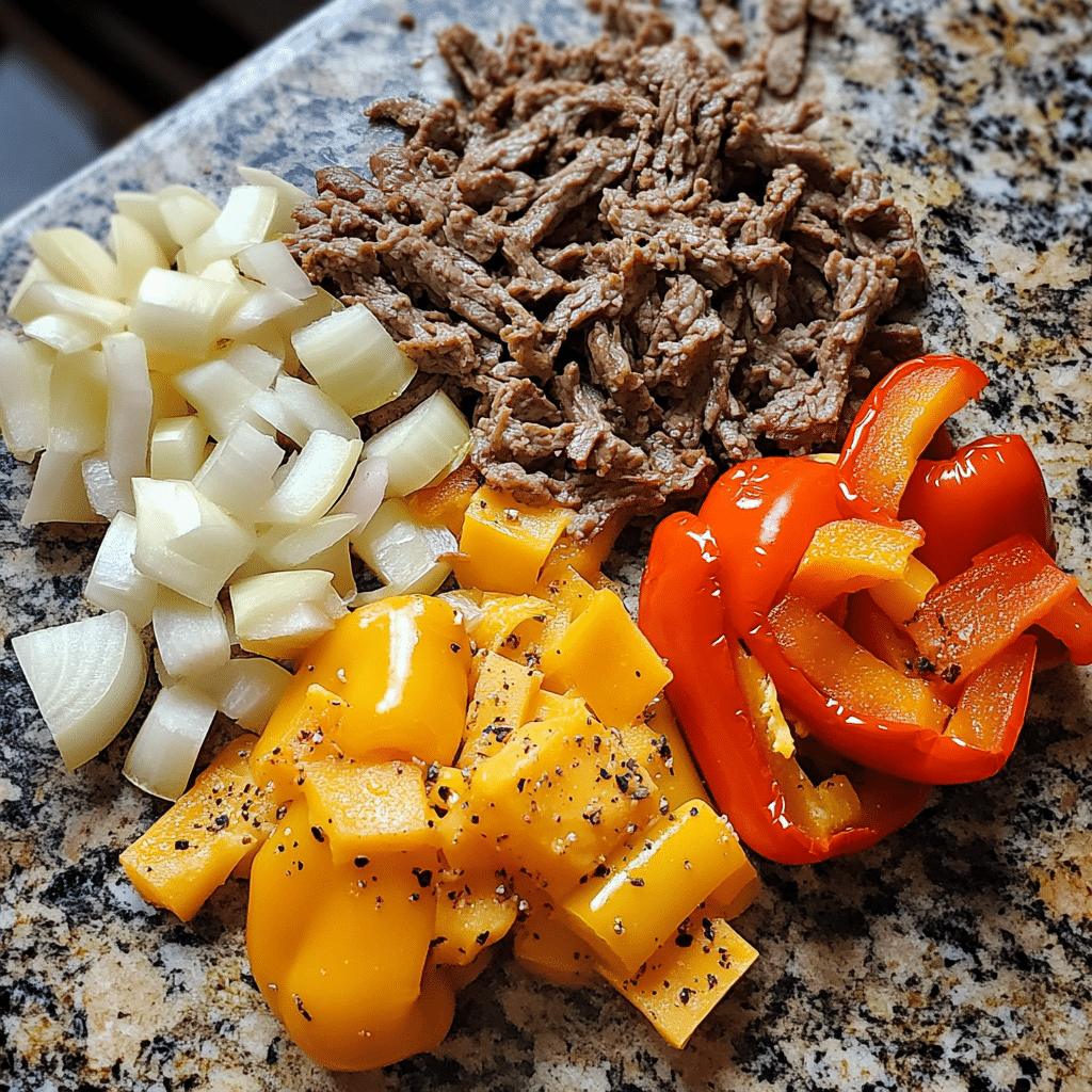 Ingredients for Philly cheesesteak stuffed peppers including beef, peppers, and cheese