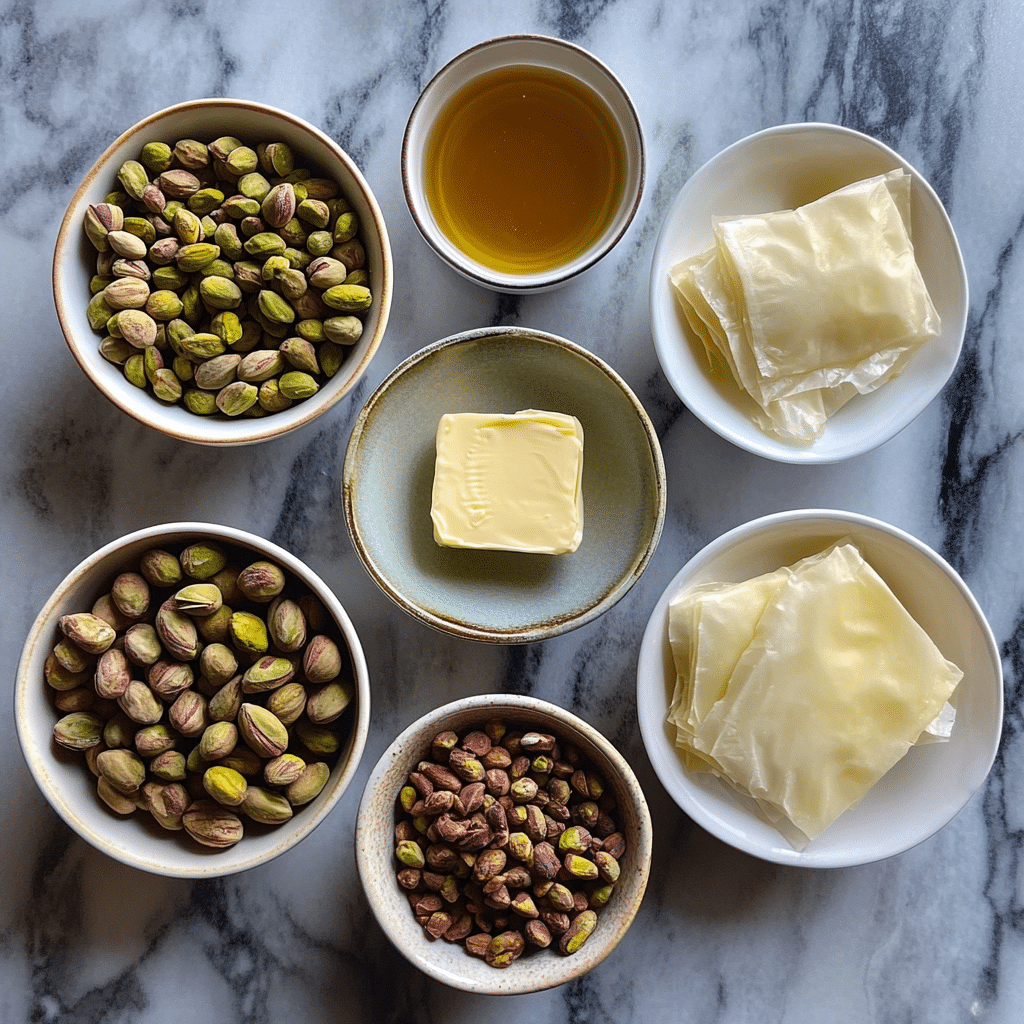 Overhead view of ingredients for making pistachio baklava
