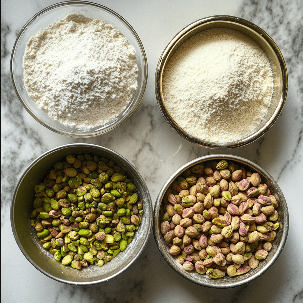 Overhead view of ingredients for making pistachio cake