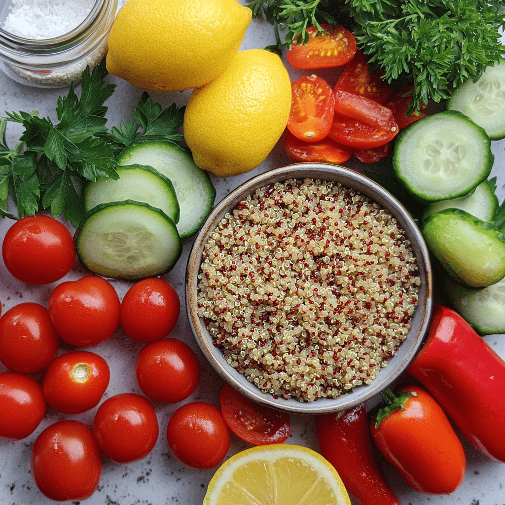 Ingredients for quinoa salad including quinoa, cherry tomatoes, cucumbers, bell peppers, and herbs