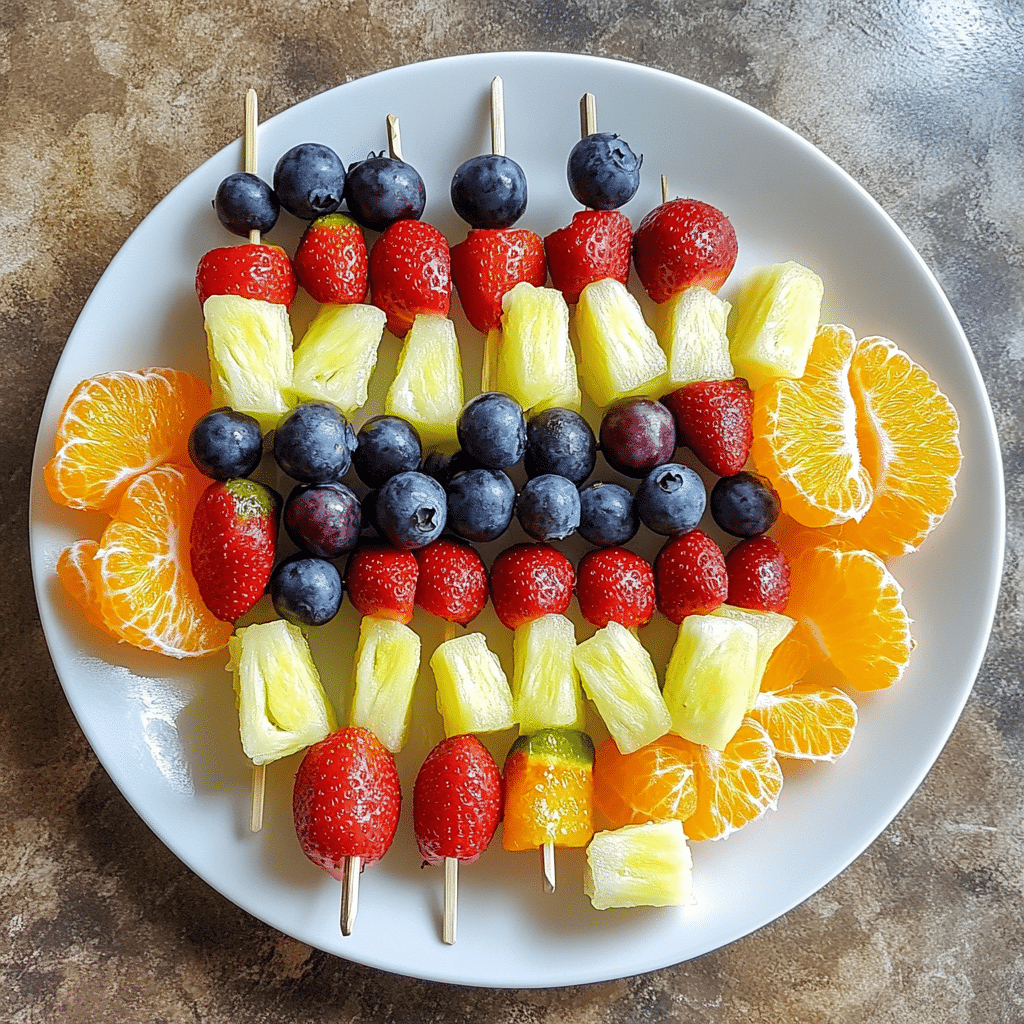 Ingredients for rainbow fruit skewers including strawberries, pineapple, grapes, and oranges