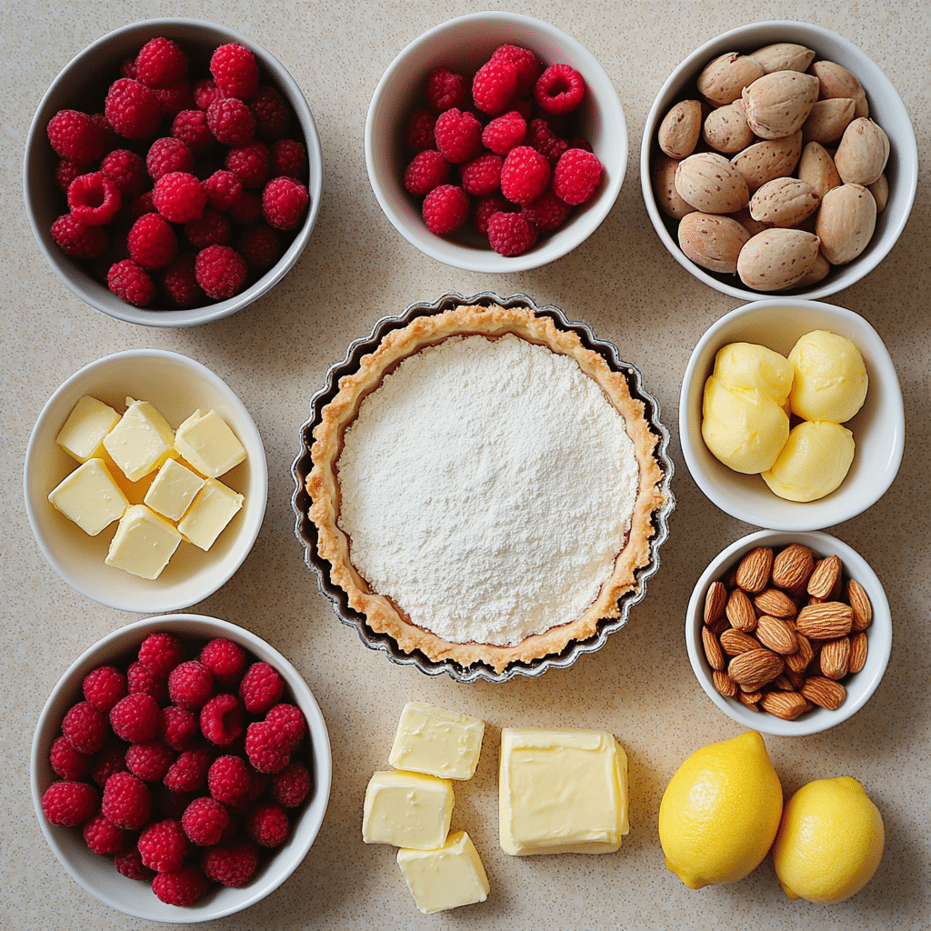 Overhead view of raspberries, almonds, flour, butter, eggs, and tart pan for raspberry almond tart