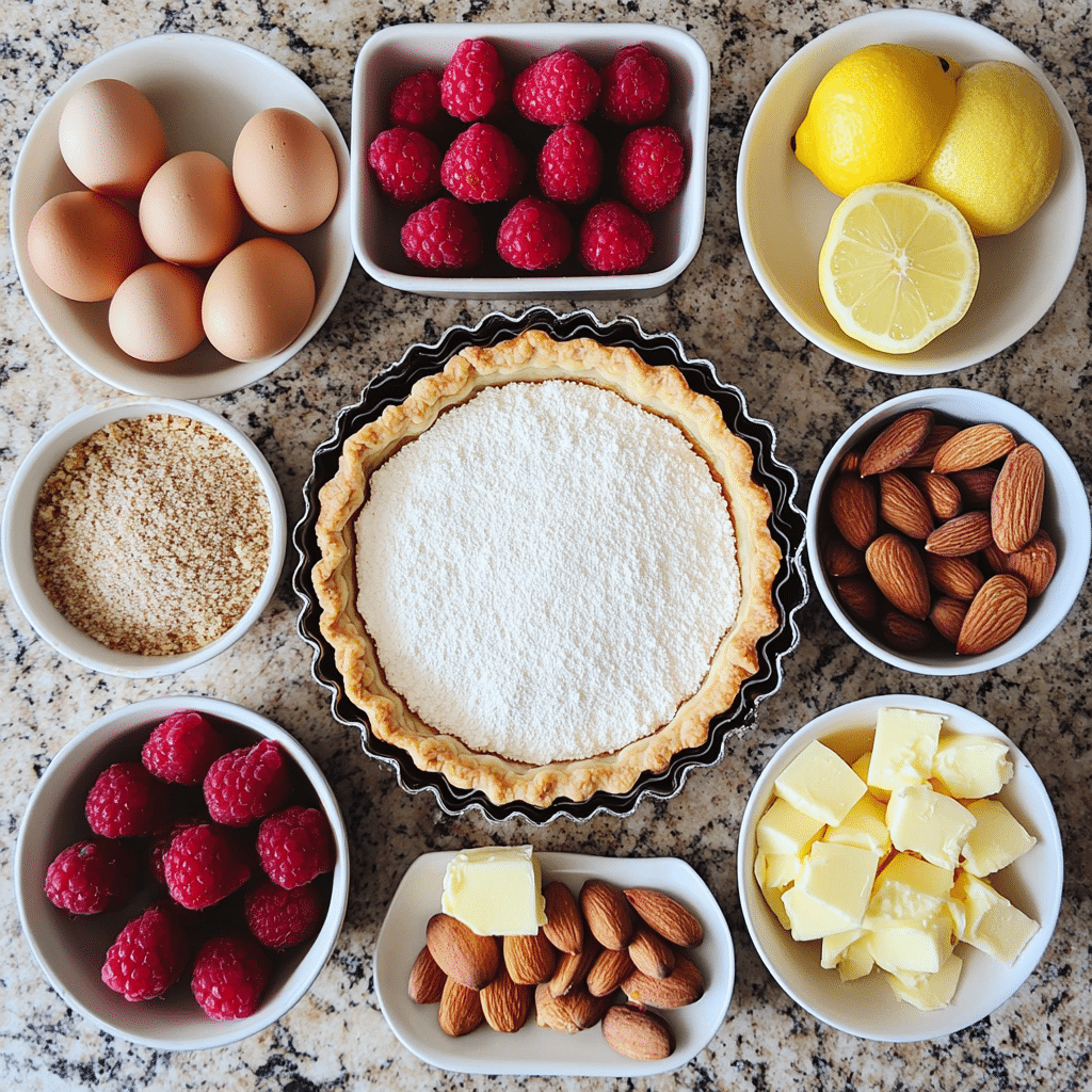 Overhead view of raspberries, almonds, flour, butter, eggs, and tart pan for raspberry almond tart