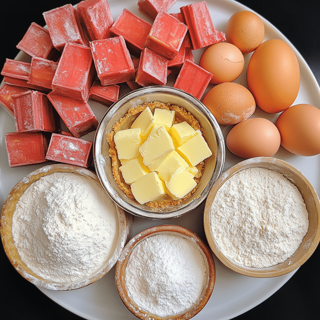 Ingredients for rhubarb pie including rhubarb, sugar, flour, and butter