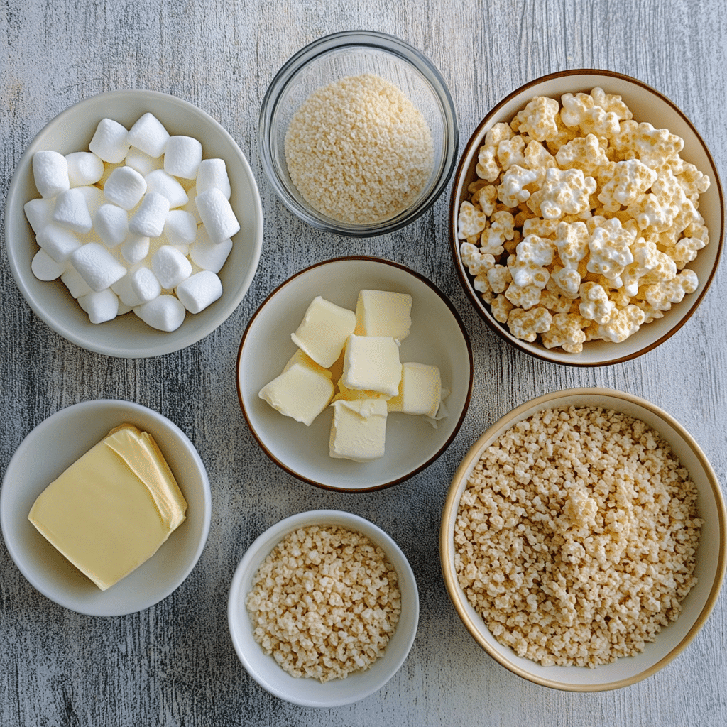Overhead view of ingredients for making Rice Krispie treats