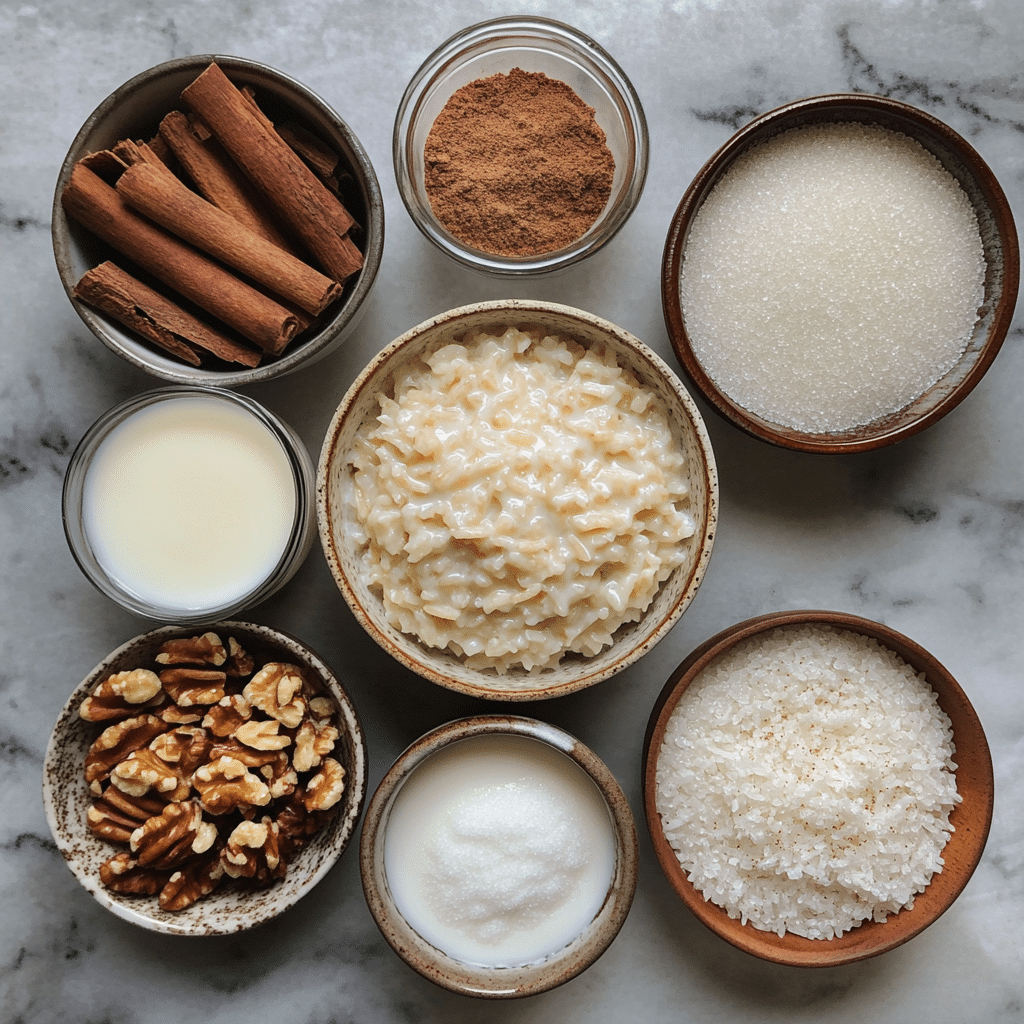 Overhead view of ingredients for making rice pudding