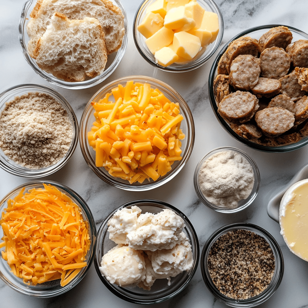 Overhead view of ingredients for making sausage breakfast casserole
