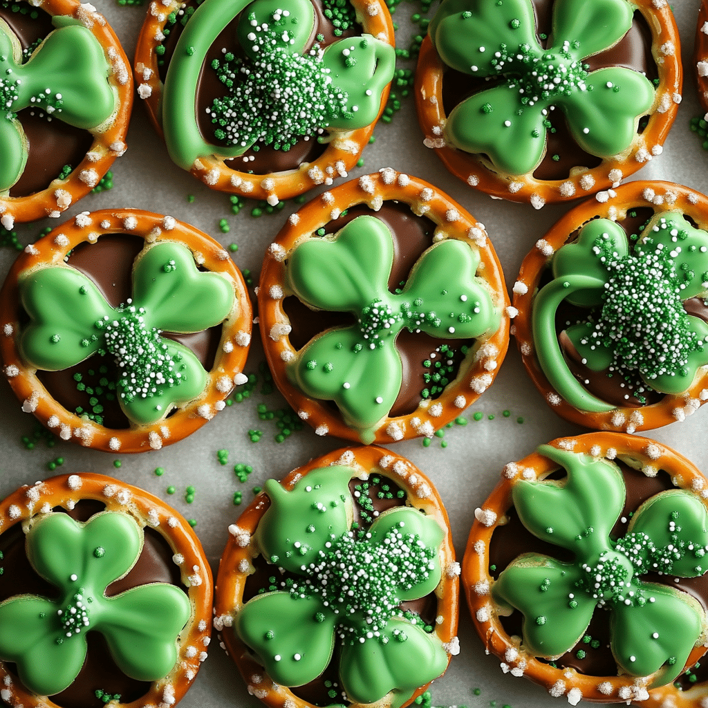 Ingredients for shamrock pretzel treats including pretzels, chocolate, and sprinkles