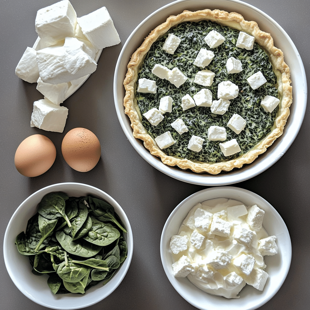 Overhead view of ingredients for making spinach feta quiche