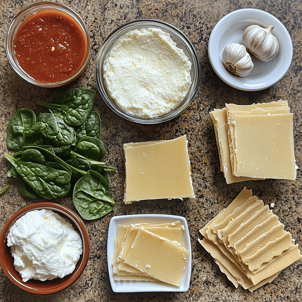 Ingredients for spinach lasagna including spinach, ricotta cheese, marinara sauce, mozzarella, and lasagna noodles