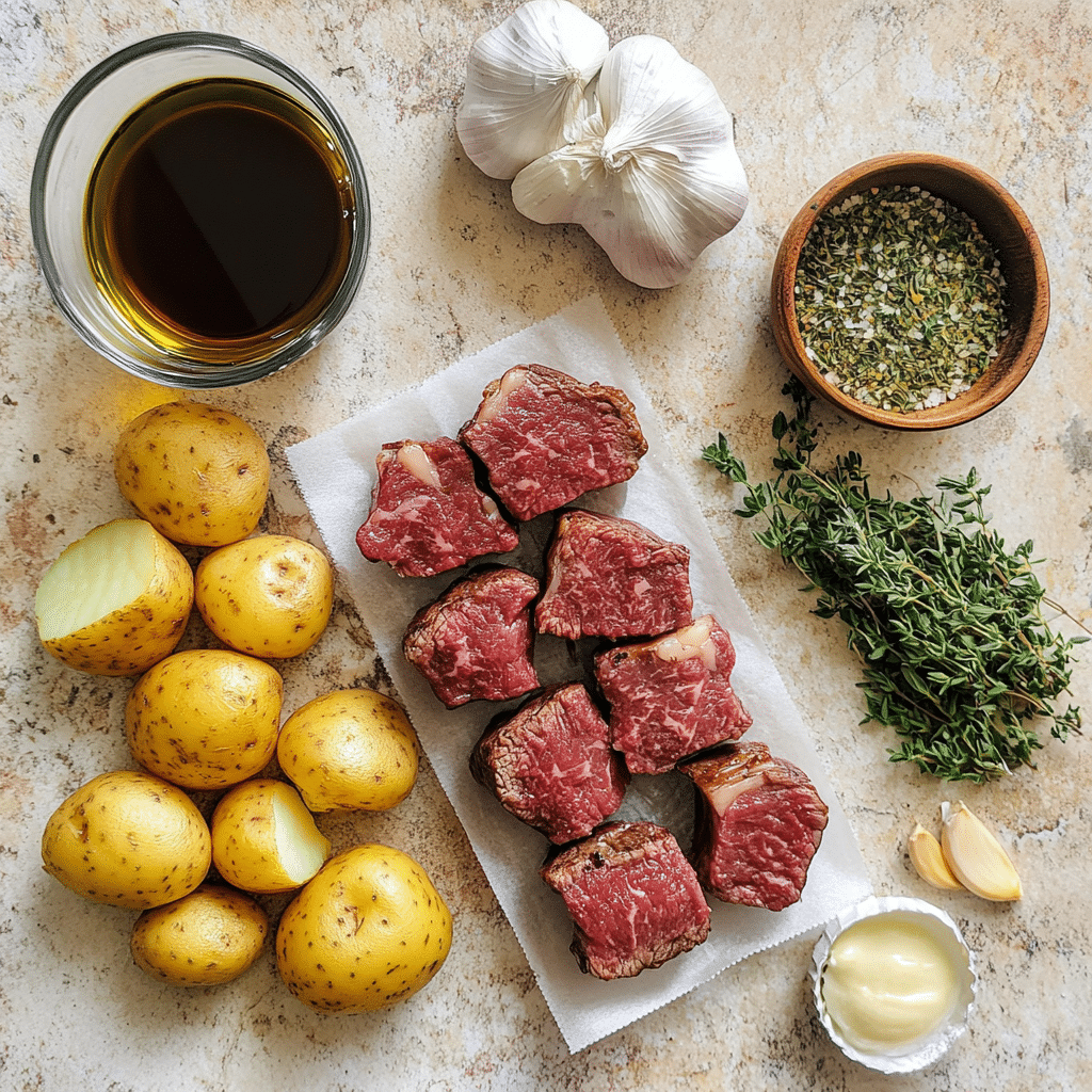 Ingredients for steak bites with potatoes including steak, potatoes, garlic, and fresh herbs