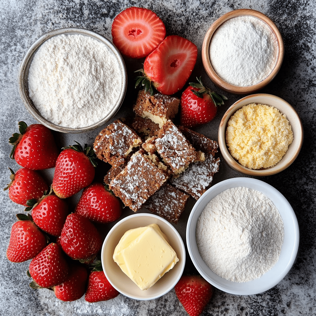 Ingredients for strawberry blondies including flour, sugar, and butter