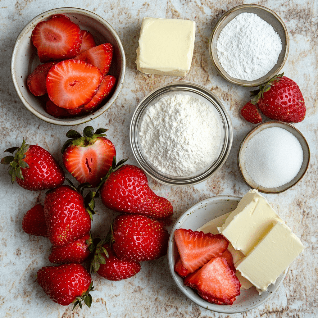 Ingredients for strawberry cream cheese cobbler including strawberries, cream cheese, butter, and flour