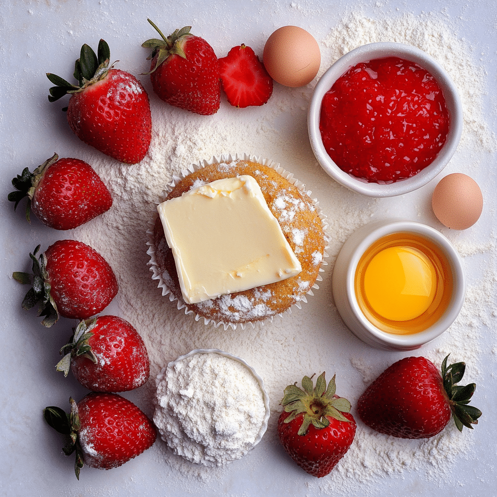 Ingredients for strawberry cupcakes including flour, butter, eggs, and fresh strawberries