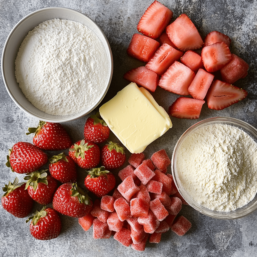 Ingredients for strawberry rhubarb bars including strawberries, rhubarb, and sugar
